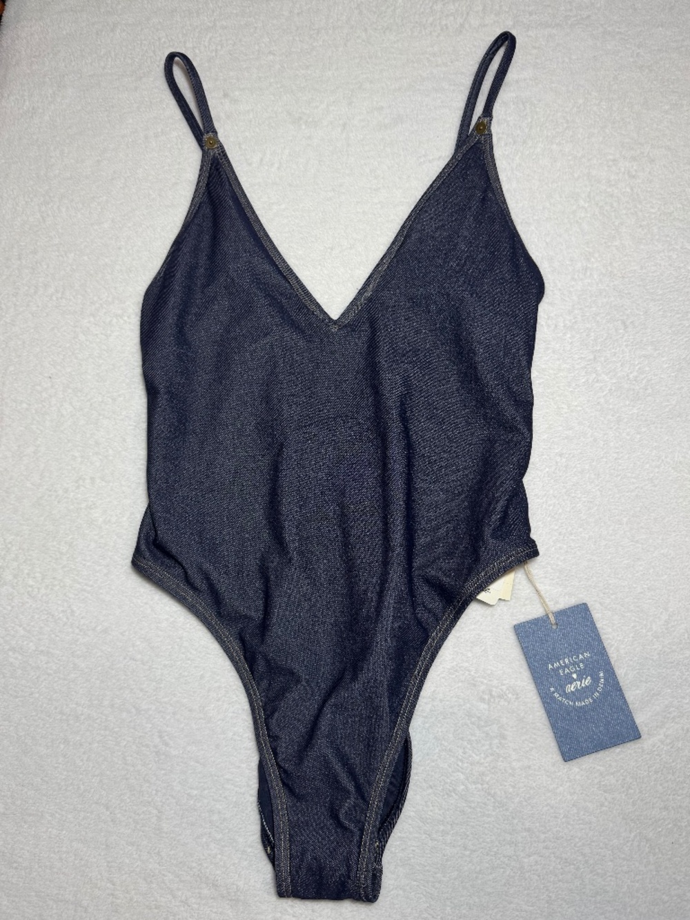 NWT Aerie x AE Match Made in Denim One-Piece Swimsuit V-Neck Size Small (Q10) - Picture 2 of 6